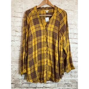 Cato Top Womens 18/20W Dark Gold & Maroon Plaid Raw Hem Autumn Fall Flowy Plus